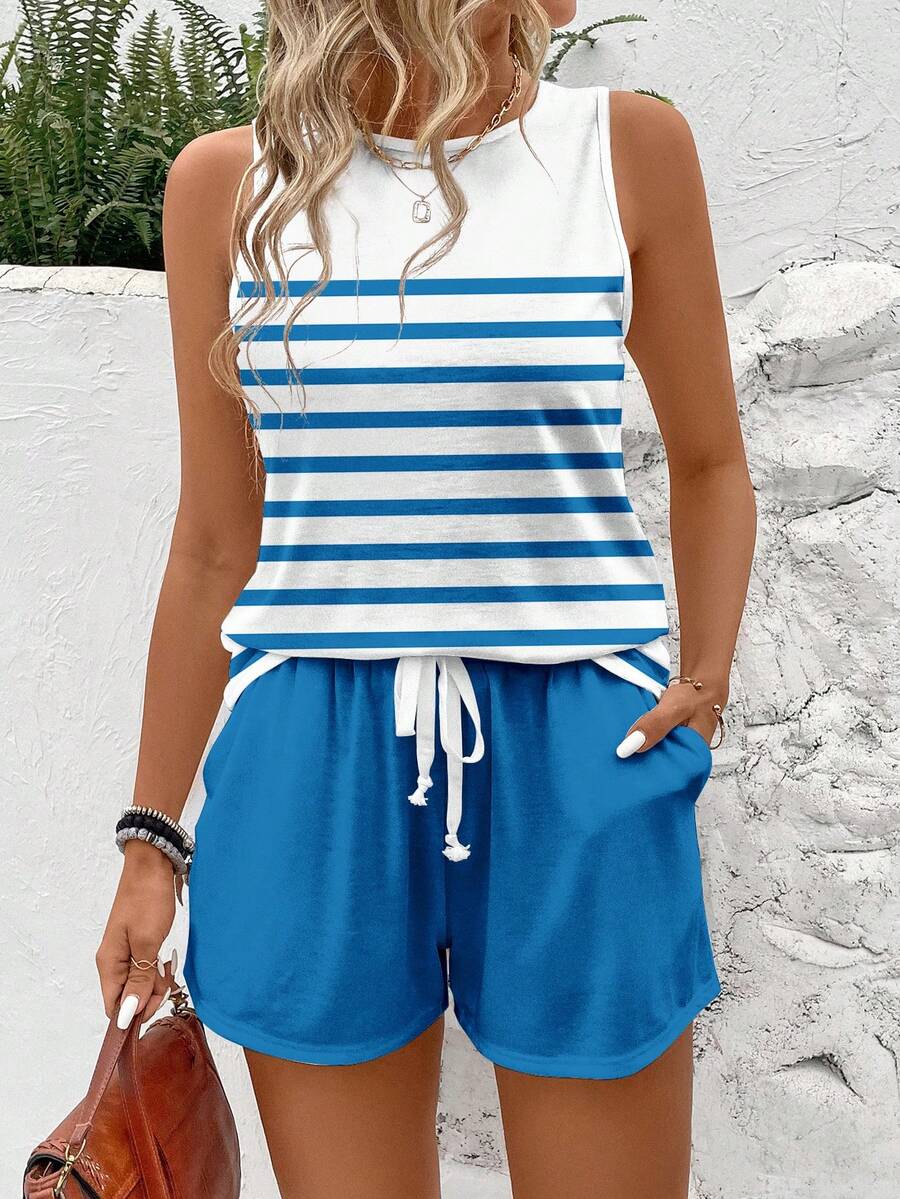 SHEIN LUNE Bộ áo vest và quần short kẻ sọc màu xanh Địa Trung Hải, thích hợp cho mùa hè. - Nhiều màu - Xem 1