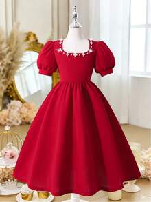 Glamorique Kids Retro Sweet Dark Red Summer Elegant Party Dress, Square Collar Pearl Decor Puff Sleeve A-Line Junior Bridesmaids Dress For Tween Girl - Burgundy - View 8