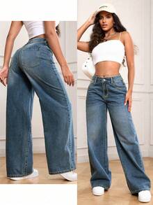 SHEIN PETITE 低腰休闲宽松直筒裤 - 寶藍色 - 查看 3