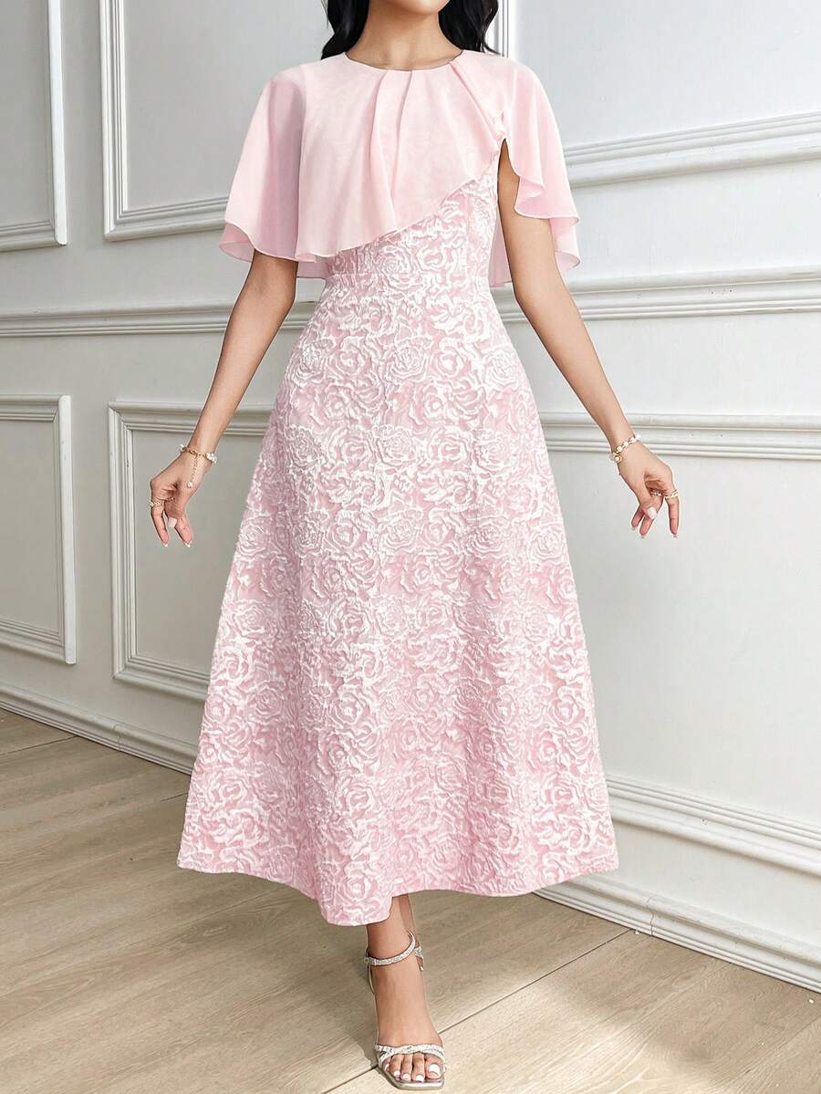 Modelyn Women's Elegant Romantic Fitted Jacquard Mid-Length Dress, Everyday Wear - Pink - View 1
