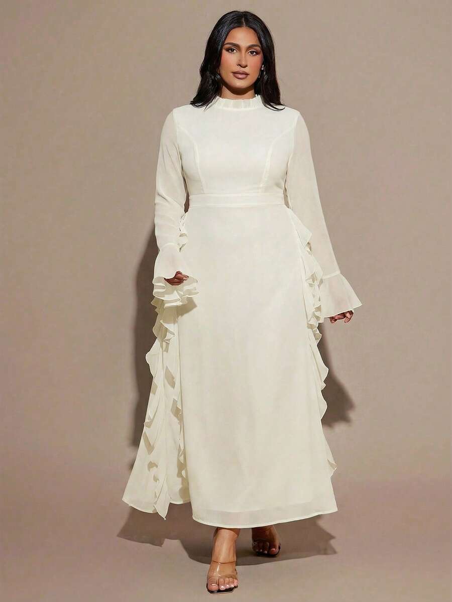 SHEIN BAE 大码女式棕色长袖雪纺荷叶边喇叭袖长款连衣裙 - 杏色 - 查看 1