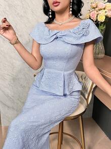 Modelyn Bộ đồ 2 món thanh lịch dành cho nữ: Áo và chân váy midi họa tiết hoa jacquard đính ren, xếp ly. - Màu xanh lam - Xem 2