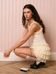 Easelle Elegant Apricot Knitted Mini Dress Sleeveless Semi-Sheer Ruffle Lace Strappy Design - Apricot - View 2