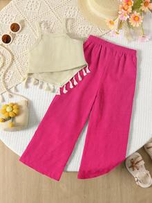 SHEIN Elladie kids 2pcs/Set Girls' Summer Creative 3D Embroidery Decor Camisole With Lace Trim Asymmetrical Hem & Casual Pants Set - Hot Pink - View 2