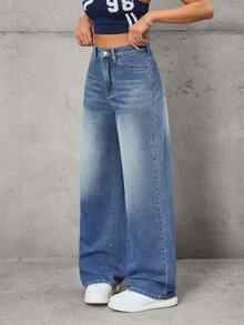 SHEIN Tall Women's Fashion Casual Retro Versatile Loose Straight Leg Pants - Dark Wash - View 3