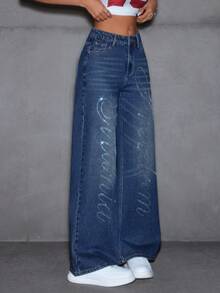 SHEIN EZwear Women's Retro Y2K Style Rhinestone Embellished Straight Leg Jeans - Dark Wash - View 5