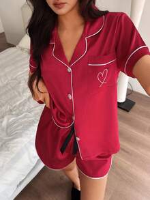 SHEIN Contrast Color Trim Short Sleeve Top And Shorts Pajama Set - Burgundy - View 4