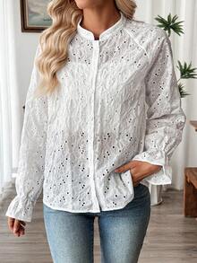 INAWLY Áo kiểu nữ tay chuông thêu họa tiết mới, kiểu dáng thường ngày. - trắng - Xem 3