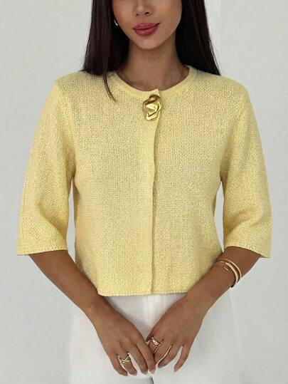 Aloruh Women's Solid Color Round Neck Casual Loose Knit Sweater