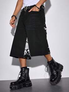 ROMWE MEN Anime Quần short denim nam in hình rồng, kiểu dáng thường ngày, thích hợp cho mùa hè. - màu đen - Xem 4