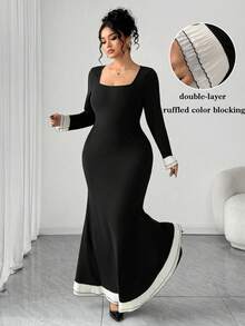 SHEIN Elenzya 大码女式撞色方领长袖修身优雅连衣裙 - 黑色 - 查看 1