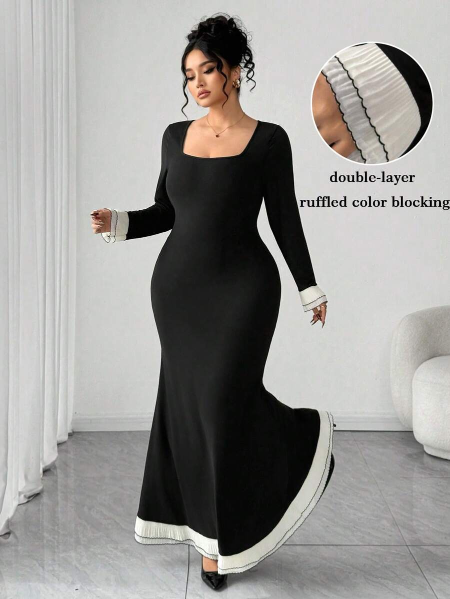 SHEIN Elenzya 大码女式撞色方领长袖修身优雅连衣裙 - 黑色 - 查看 1