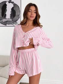 SHEIN Set da casa e tempo libero da donna in cotone, composto da 2 pezzi: top a maniche lunghe con scollo a V e bottoni, a righe rosa e bianche, e pantaloncini coordinati - Rosa - Visualizzare 4