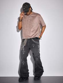 ROMWE MEN 男士休闲水洗十字架字母链印花牛仔裤 - 黑色 - 查看 7