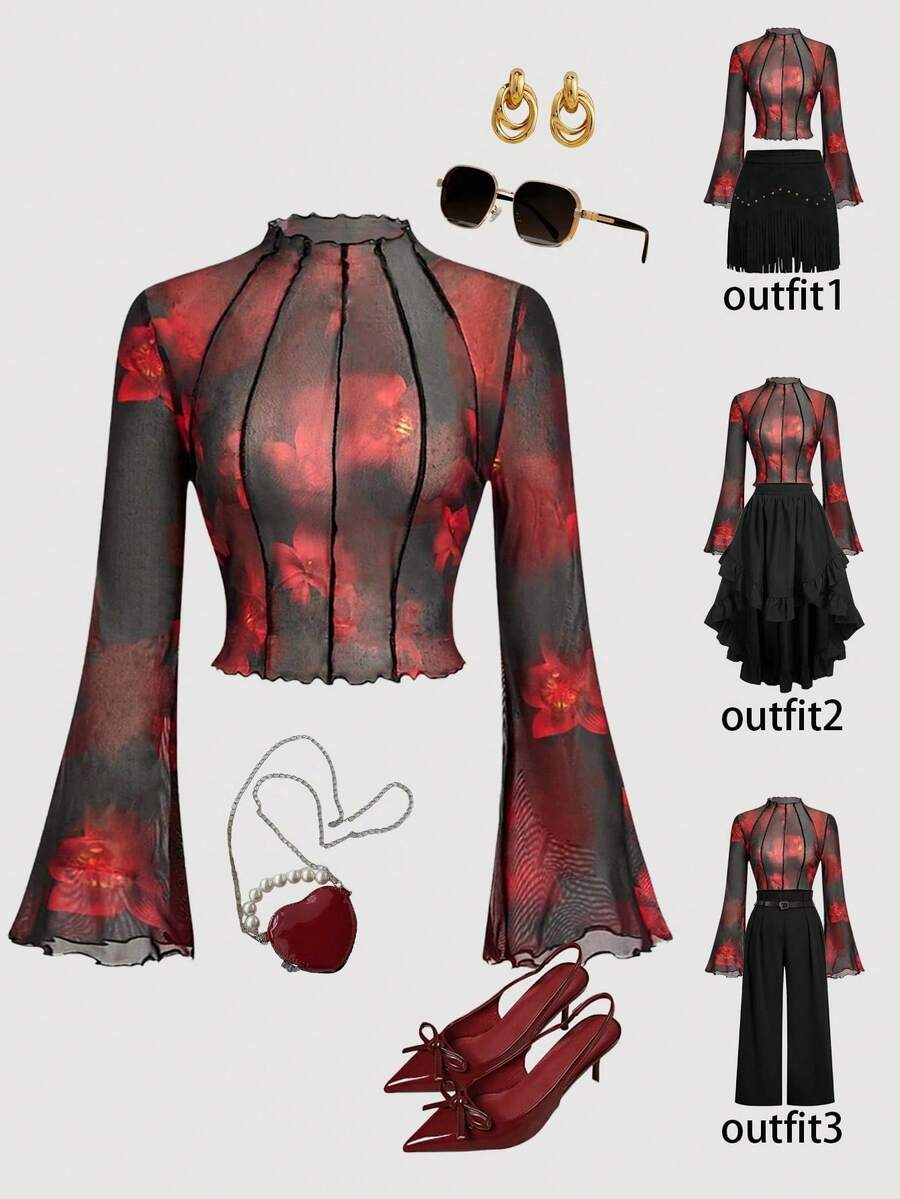 SHEIN MOD Áo lưới đen cỡ lớn dành cho nữ, họa tiết hoa đỏ, chất liệu lưới xuyên thấu màu đen, đường may tương phản, tay chuông, thích hợp cho trang phục cỡ lớn, mùa thu, áo tay chuông cho ngày Valentine. - Đỏ và đen - Xem 1