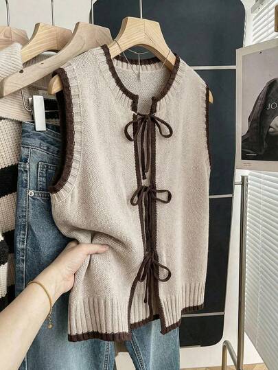 GlowEve CURVE Early Spring New Loose Casual Colorblock Bow Tie Strap Women Knit Cardigan Vest
