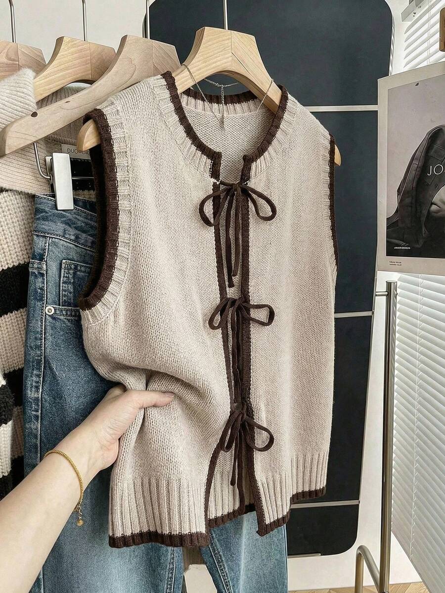 GlowEve CURVE Early Spring New Loose Casual Colorblock Bow Tie Strap Women Knit Cardigan Vest - Multicolor - View 1