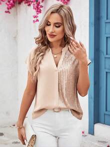 SHEIN Clasi 女士纯色亮片拼接镂空领口优雅短袖衬衫 - 杏色 - 查看 3