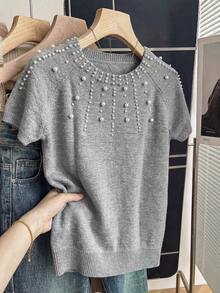 Franclia Áo dệt kim tay ngắn màu xám thanh lịch và đa năng, điểm xuyết ngọc trai giả ở cổ áo và vai, phù hợp cho mùa thu, đông và xuân, hoàn hảo cho mùa hè. Cũng thích hợp để mặc vào mùa xuân, ngày Valentine, lễ hội Carnival. - Xám - Xem 7