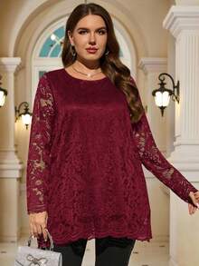 EMERY ROSE Áo thun dài tay ren thanh lịch dành cho nữ cỡ lớn - Màu Đỏ Sâu - Xem 4