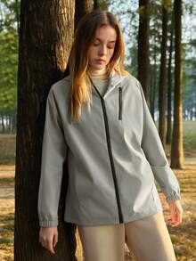 Exploreva Women's Solid Color Hooded Zipper Front Long Sleeve Outdoor Jacket - Baby Blue - View 3
