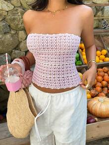 Sunnyshic Women's Strapless Vacation Striped Colorblock Sweater - Baby Pink - View 5