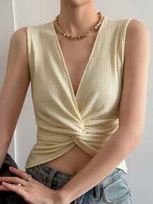 DAZY Women's Solid Color Deep V-Neck Twist Ruched Fashionable Versatile Top For Dates And Outings - Beige - View 1