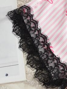 SHEIN 女童优雅蕾丝拼接条纹蝴蝶结印花缎面吊带背心和短裤两件套睡衣套装，适合居家/室内穿着，夏季 - 彩色 - 查看 4