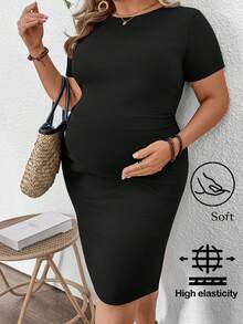 SHEIN 大码孕妇纯色圆领短袖修身休闲连衣裙