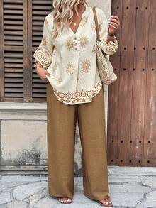 Ceyna 加大码两件套，女士休闲新款印花衬衫，饰有装饰纽扣，搭配纯色弹力腰长裤，优雅宽松长袖，纽扣可调节，春夏装扮 - 卡其色 - 查看 6