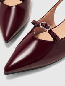 CUCCOO BIZCHIC Women's Burgundy Patent Leather Pointed Toe Backless Strap Comfortable Simple Rhinestone Decor Flat Slip-On Shoes, Suitable For Work Valentine's Day - Burgundy - View 7