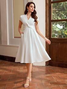 Vintamour 复古经典优雅女士连衣裙，春夏修身迷你短袖扭结下摆连衣裙，白色连衣裙 - 白色 - 查看 4