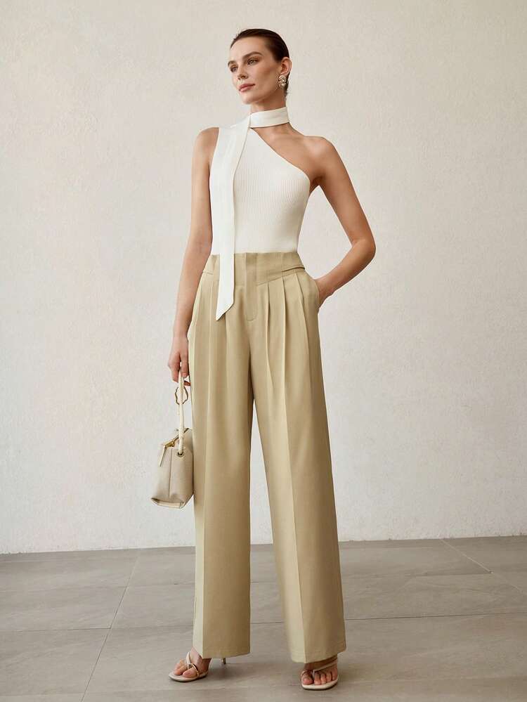 SOLID ASYMMETRICAL HALTER NECK SLIM FIT RIBBED KNIT TOP