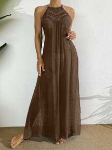 Swim Vcay Women's Summer Beach Vacation High Slit Off-Shoulder Cover-Up - Brown - View 4