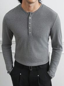 HUEFORM 男士休闲纯色半开襟T恤 - 淺灰色 - 查看 5