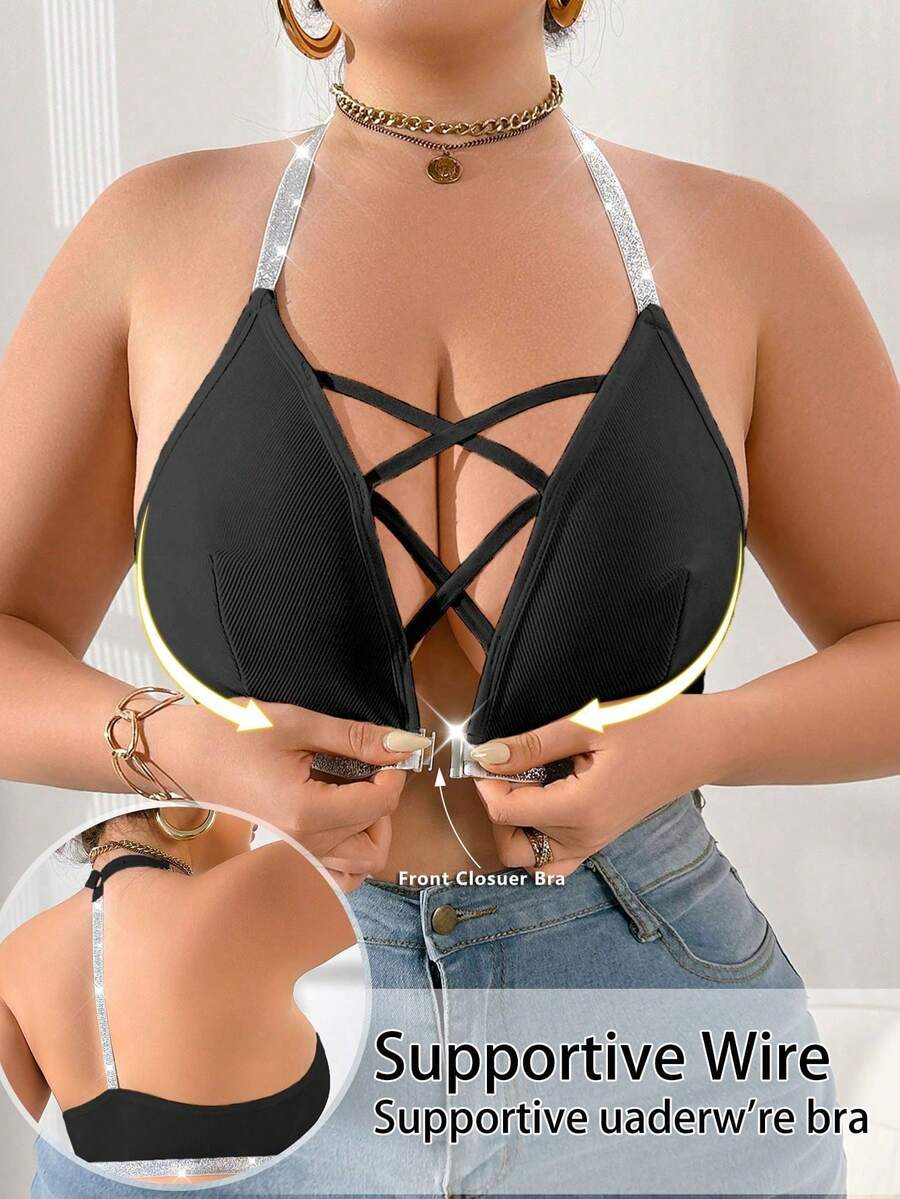 1pc Front Button Closure Plus Size Wireless Bra - Black - View 1