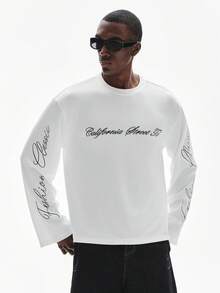 STYNVO Men's Long Sleeve Round Neck T-Shirt, Ribbed Fabric, Handwritten English Embroidery, Loose Dropped Shoulder Silhouette - White - View 4