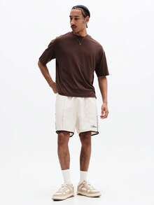 SUMWON Cream Scripted Logo Basketball Style Shorts With Black Piping Details And Drawstring Waist Summer Casual Wear - Apricot - View 4