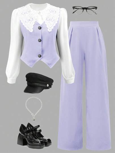SHEIN Sparklyn 3pcs Set: Lace Collar Blouse, Vest And Pants, Commuter Elegant Style For Teen GirlAutumn/Winter
