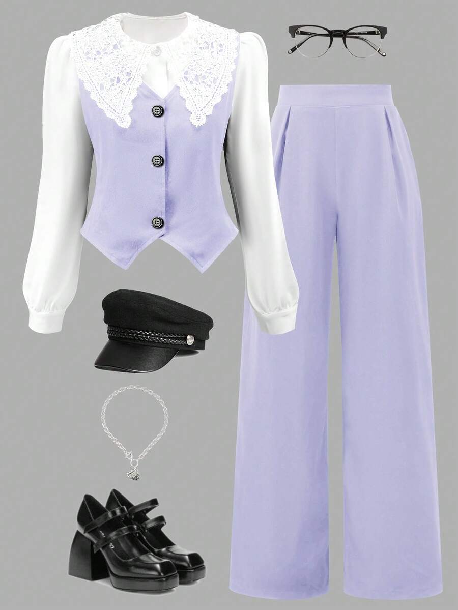 SHEIN Sparklyn 3pcs Set: Lace Collar Blouse, Vest And Pants, Commuter Elegant Style For Teen GirlAutumn/Winter - Purple - View 1