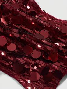 ROMWE Grunge Punk Spring/Summervalentine's Dayparty Punk Rock Diva Party Outfit, Festival Music Event New Year Costume, Halter Neck Sexy Sequin Cross Pendant 2 Pieces Set For Women - Burgundy - View 4