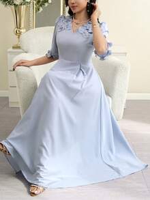 Modelyn Women's Elegant 3D Floral Decor Dress - Blue - View 7
