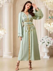 Al Najma Women's V-Neck Beaded Floral Pattern Cinching Waist Design Elegant Cinched Waist Arabic Style Dress - Green - View 3