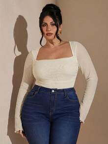 SHEIN BAE 大码女士优雅紫色长袖连体衣，秋冬季 - 杏色 - 查看 4