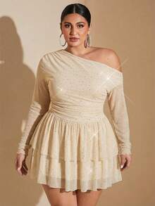 SHEIN BAE Đầm mini dáng dài màu đen bóng lấp lánh, chất liệu lưới, dành cho nữ, kiểu dáng thanh lịch, ngọt ngào và gợi cảm, với phần vai lệch bất đối xứng và viền xếp tầng bồng bềnh. - Màu be - Xem 1
