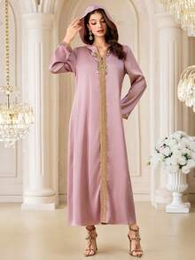 Yasmyna Women's Elegant Long Sleeve Hooded Abaya With Ribbon Trim - Dusty Pink - View 6