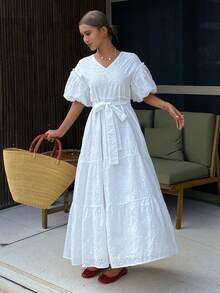 Livesso White V-Neck Tie Waist Hollow Out Puff Sleeve Midi Dress For Women, Spring - White - View 4