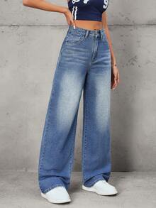 SHEIN Tall Women's Fashion Casual Retro Versatile Loose Straight Leg Pants - Dark Wash - View 5