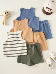 SHEIN Bộ 6 món quần áo trẻ em unisex, bộ đồ mùa hè dễ thương gồm áo len hình gấu hoạt hình và quần đùi kẻ sọc, trang phục cơ bản nhiều màu sắc, thích hợp cho kỳ nghỉ. - Nhiều màu - Xem 2