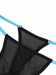 时尚性感黑色镂空网眼蓝色滚边腰部男士内裤 - 黑色 - 查看 3